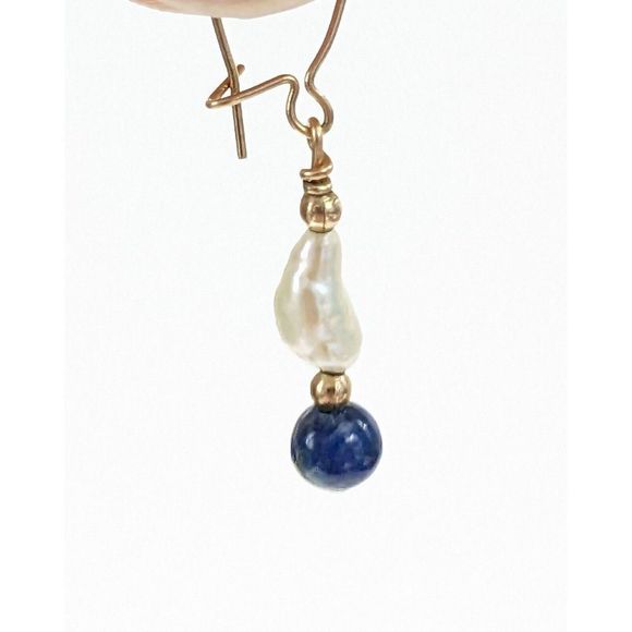 Baroque Pearl Lapis Lazuli Gold Tone Kidney Wire Dangle Earrings Elegant Dainty - Picture 4 of 11